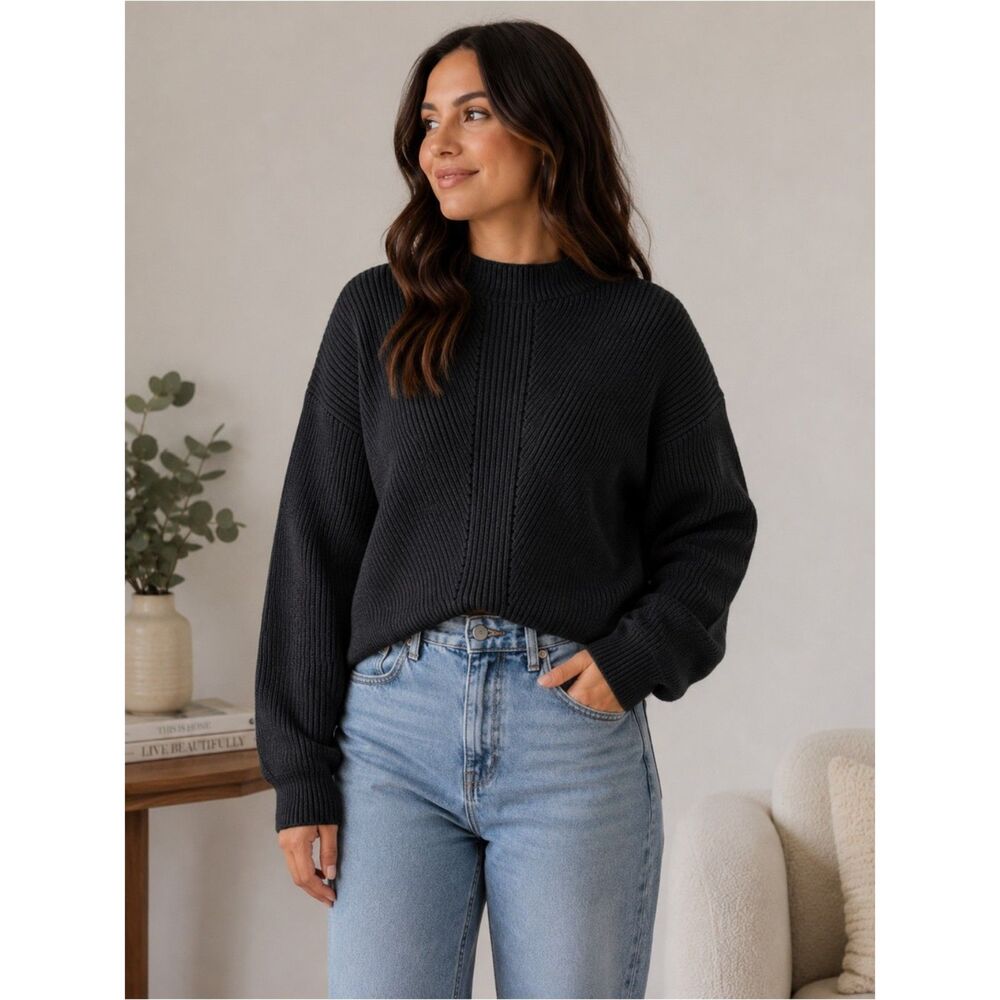 Le Ore Lodi Pointelle Knit Pullover Mock Neck Wool Blend Sweater Dark Shadow XS